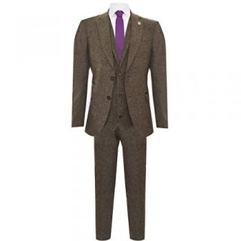 Men's Oak Brown 3-Piece Vintage Harringbone Tweed Suit - 1920s Retro Peaky Blinders Style, Size 36