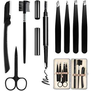 Pinzas Depilar HOCOSY 8 Piezas Juego de Cejas con Tijeras para Cejas, Lapiz Cejas, Pinzas de Depilar, Navaja, Peine para Cejas, Recortador de Cejas para Mujeres y Hombres, Negro