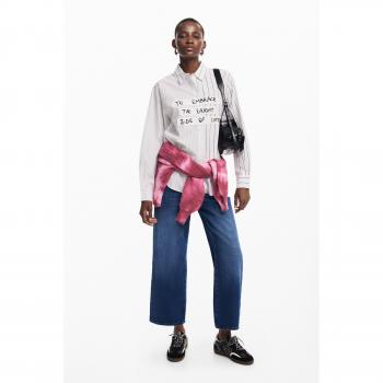 Desigual Women's Long Sleeve White Striped Shirt with Message - Yokohama Style