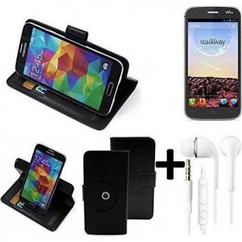 TOP SET: 360° Funda Smartphone para Wiko Stairway, negro + Auriculares | Función de stand Caso Monedero BookStyle mejor precio, mejor funcionamiento - K-S-Trade | Funda Universal Caso Monedero cubierta del tirón Monedero Monedero