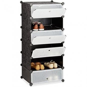 Zapatero Estrecho con Puertas de Plástico, Negro, 6 Compartimentos, 107x49x37 cm - Relaxdays