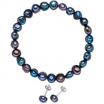 Conjunto de Joyería Valero Pearls: Pulsera y Pendientes de Perlas de Agua Dulce en Plata Esterlina 925, Color Azul Pavo Real (3 Piezas)