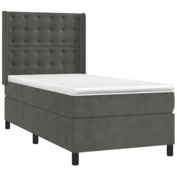 Cama Box Spring con colchón y LED en terciopelo gris oscuro, tamaño 90x200 cm