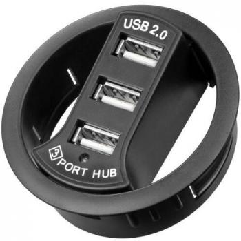 Hub USB 2.0 de 3 Puertos para Montaje en Escritorio, Diámetro de 60mm, Color Negro