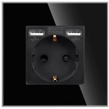 Base enchufe EU 16A + cargador rápido USB A+A KOOB frontal cristal negro