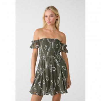 Stradivarius Short Flowing Printed Dress in Khaki, Size S