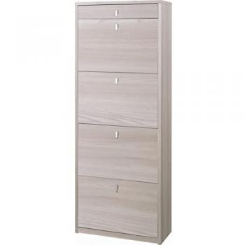 Zapatero de 4 puertas con cajón superior en olmo claro, dimensiones 63x29x164 cm