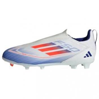 Botas de fútbol para niños adidas F50 League Ll FG/MG J, características: sin cordones, diseño en blanco con detalles en rojo y azul, adecuadas para terrenos firmes y multisuperficie, talla 31-32 EU