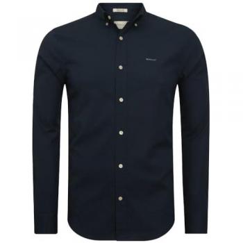 Camisa Gant de Corte Recto Oxford Pinpoint para Hombre, Estampado Liso, Color Marino, Manga Larga, Casual