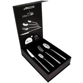 Cubertería Arcos Serie Milano - Juego de Cubiertos de 24 Piezas en Caja de Regalo (6 Cuchillos + 12 Cucharas + 6 Tenedores) - Monoblock de una pieza en Acero Inoxidable - Color Plata