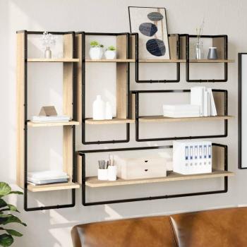 Estantes de pared con barras 6 piezas madera ingeniería roble Sonoma marrón, negro y gris sonoma, mueble de almacenaje para oficina, estudio y dormitorio