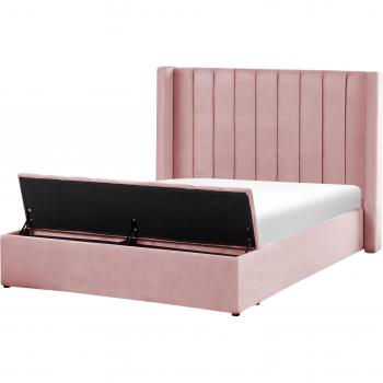 Cama Doble de Terciopelo Rosa 140 x 200 cm con Reposacabezas Alto y Banco de Almacenaje Noyers