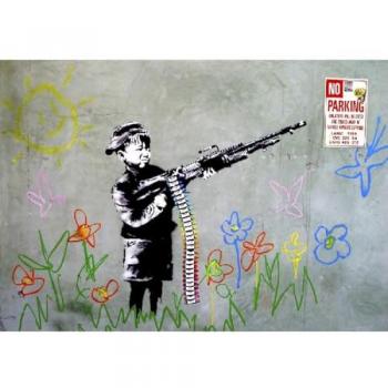 Impresión sobre Lienzo Banksy Niño con Arma, Poliéster, Madera, Multicolor, 100x3x70 cm