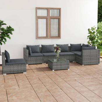 7-Piece Grey Poly Rattan Garden Lounge Set with Cushions