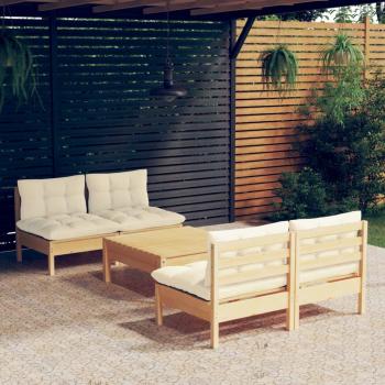 Conjunto de muebles de jardín 5 piezas de pino sólido con cojines crema
