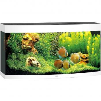 Acuario Juwel Vision LED 260 Blanco con diseño curvo, iluminación LED integrada, capacidad de 260 litros, dimensiones de 121 x 51 x 61 cm, filtro interno y sistema de calentamiento