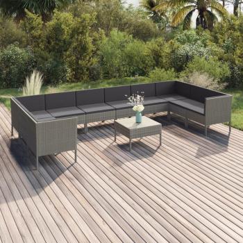 11-Piece Gray Poly Rattan Garden Lounge Set with Cushions