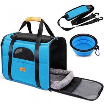 morpilot Transportín Gato Perro, Bolsa Transporte Portátil y Transpirable para Mascotas, Bolsa Transportin para Gatos Plegable Aerolínea Aprobada con Correa de Hombro Ajustable +Tazón Plegable Azul