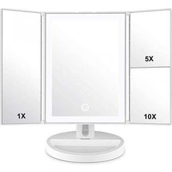 Auxmir Espejo Maquillaje Tríptico con Luz LED de Mesa con Aumento de 1X/5X/10X, 180 Giratorio Triple, con Pantalla Táctil, Recargable, para Maquillaje, Afeitado y Cuidado Facial, Blanco