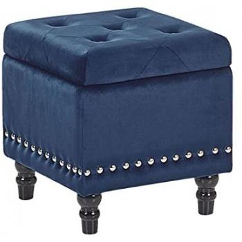 Puf Loretto de Almacenaje en Terciopelo Azul Oscuro con Tachuelas y Botones 37 x 37 cm