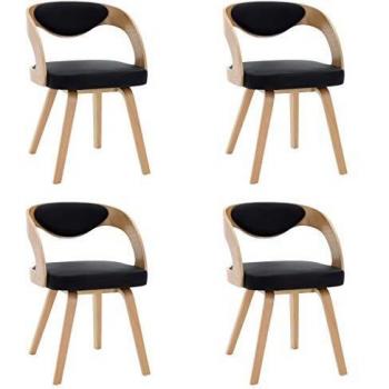 vidaXL 4X Sillas de Comedor Madera y Cuero Sintético Decoración Mobiliario Casa Cocina Salón Sofás Sillones Asientos Muebles Estilo Diseño Negro