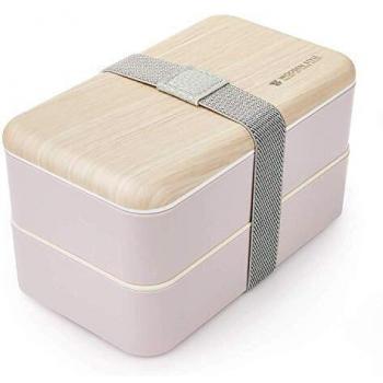 Thousanday Fiambrera Bento Bambú Rosado | Apilable Design con 2 Cubiertos | Bento Box 2 Compartimentos Estancos 1200 ml | Microondas y Lavavajillas | Bento Box Adultos o Niños
