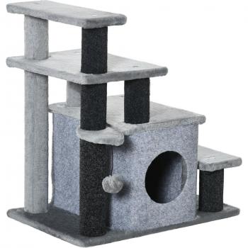 PawHut Escalera para Gatos de 4 Peldaños con Caseta y Bola Colgante