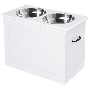 PawHut Comedero Elevado para Perros con 2 Tazones de Acero Inoxidable y Espacio de Almacenaje Oculto 60x30x41 cm Blanco