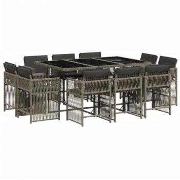 Set de comedor de jardín 11 pzas con cojines de ratán sintético gris