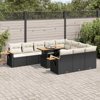 vidaXL 10-Piece Black Poly Rattan Acacia Garden Sofa Set with Cushions