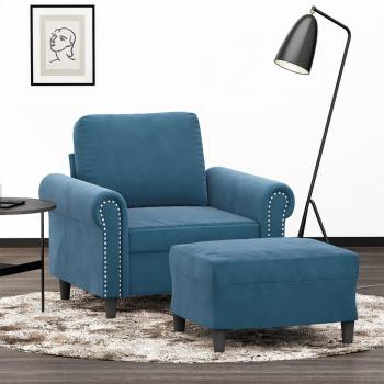 Sillón con reposapiés de terciopelo azul 60 cm, sofá de relax con respaldo y reposabrazos