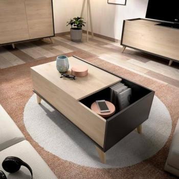 Mesita Cuna Elevable con Revistero y Compartimento de Almacenamiento, 99x60h41 cm, Antracita y Roble