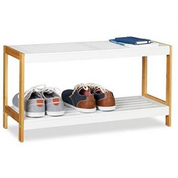 Zapatero de Bambú y MDF con 2 Estantes, Resistente, Blanco y Marrón, Dimensiones 36.5 x 70 x 26 cm