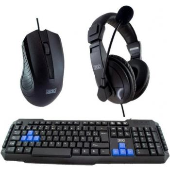 3GO CombodrileH2 Gaming Pack - Teclado Multimedia, Ratón Óptico y Auriculares con Micrófono, USB, Color Negro