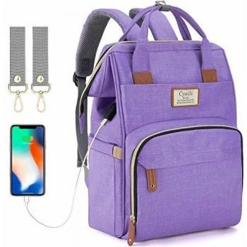 Mochila para pañales con puerto USB, mochila para cambiar pañales con correas para cochecito, multifunción, impermeable, elegante bolso morado morado
