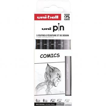 Rotuladores calibrados Uni Pin Comics - Pack de 5 rotuladores (0.7, 1.0 y brush) con punta poliacetal, tinta pigmentada resistente al agua y luz en colores negro y gris