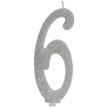 Vela Escarchada Plata Número 6 de 12.5 cm