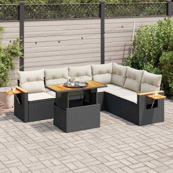 6-Piece Black Poly Rattan Acacia Garden Sofa Set with Cushions
