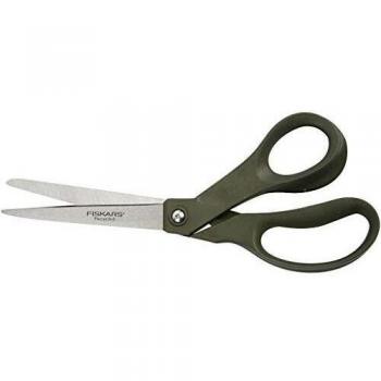Fiskars Tijeras Recicladas Universales, Longitud: 21 cm, para diestros y zurdos, Hoja de acero inoxidable/Mangos de plástico 100% reciclado, Verde oscuro, 1001302