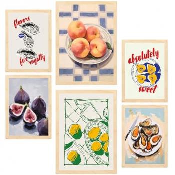Set de 6 Pósters de Ilustraciones de Comida Mediterránea con Diseño para Decorar Paredes del Hogar (Tamaños A3 y A4, Sin Marco)