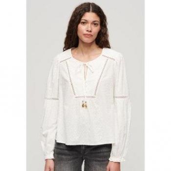 Superdry Women's Ibiza Beach Long Sleeve Blouse Off White Organic Cotton Sustainable Size S