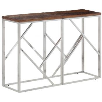 Mesa consola de acero inoxidable con travesaño de madera maciza en color plateado