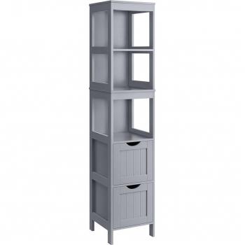 Armario alto de baño independiente, diseño estrecho con 2 cajones y 3 estantes abiertos, ideal para almacenamiento efectivo, color gris