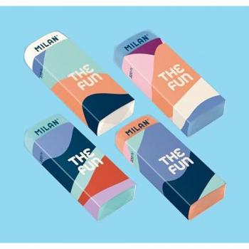 Gomas de borrar Milan Fun con funda de cartón, miga de pan flexible, surtido, caja expositora de 20 unidades