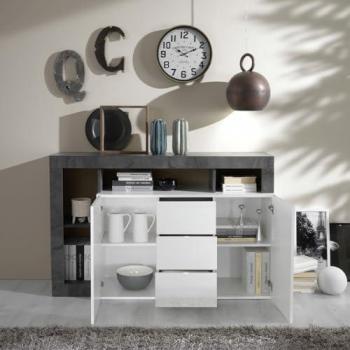 Aparador moderno lacado blanco y negro con 2 puertas y 3 cajones - L146 cm