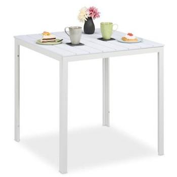 Mesa de Jardín Efecto Madera Relaxdays, Mesita de Balcón Resistente a la Intemperie, 74.5x78x78 cm, Plástico y Acero, Blanca