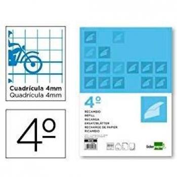 Recambio Cuadriculado Pautado 4mm Liderpapel con Margen, 100 Hojas de 75g y 6 Taladros