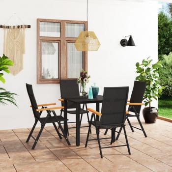 vidaXL 5 Piece Garden Dining Set - Black and Brown, includes a rectangular table and four chairs, made of durable steel frame with weather-resistant textilene fabric, perfect for outdoor use, easy to assemble