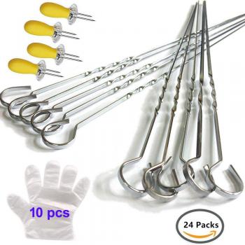 Pinchos de barbacoa, 10 piezas reutilizable de pie para asar barbacoa palos + 4 pcs soportes de maíz de acero inoxidable, Caliente Perro tenedores de carne cocina barbacoa accesorios