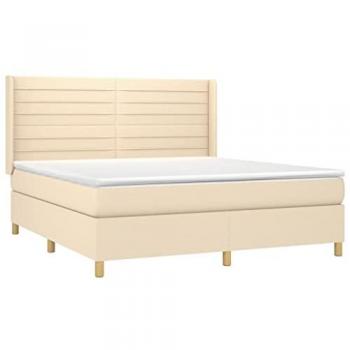 Cama box spring con colchón y luces LED en tela crema 160x200 cm